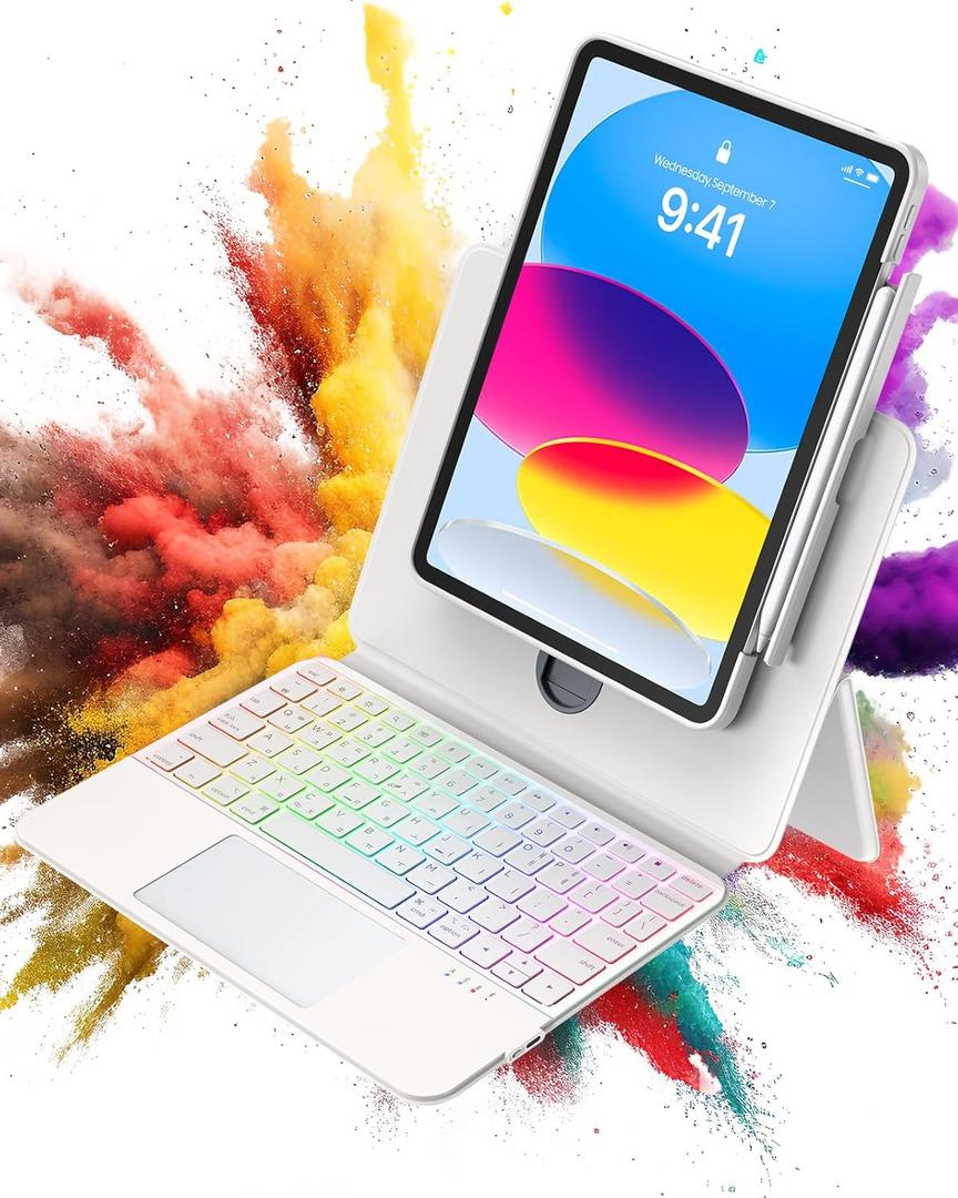 Clear Magnetic Keyboard Case for iPad A16 11th Gen 11" 2025 & 10th Gen 10.9" 2022, 7-Color Backlight & Native Gesture Trackpad & Kickstand, Lift Top Detachable Protective Cover with Pen Holder, White