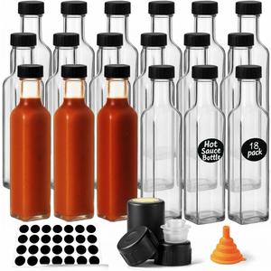 WERTIOO Hot Sauce Bottles 18-Pack 8.5oz Glass Bottles with Lids - Square Hot Sauce Containers for Homemade Chili Oil, Vinegar, BBQ - Empty for Liquid Storage & Gifting, Clear (Leakproof)