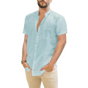 JEKAOYI Mens Casual Linen Button Down Short Sleeve Shirts Beach Summer Spread Collar Pocket Tops (L)