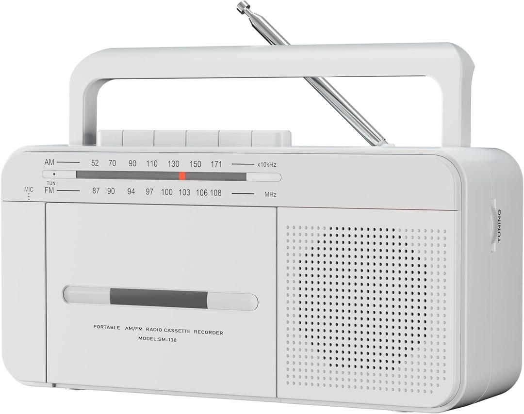 Portable Cassette Player Recorder Boombox with AM/FM Radio, AC or Battery Powered Vintage Casette Tape Player with Loud Speaker and Earphone Jack for Home or Outdoor White