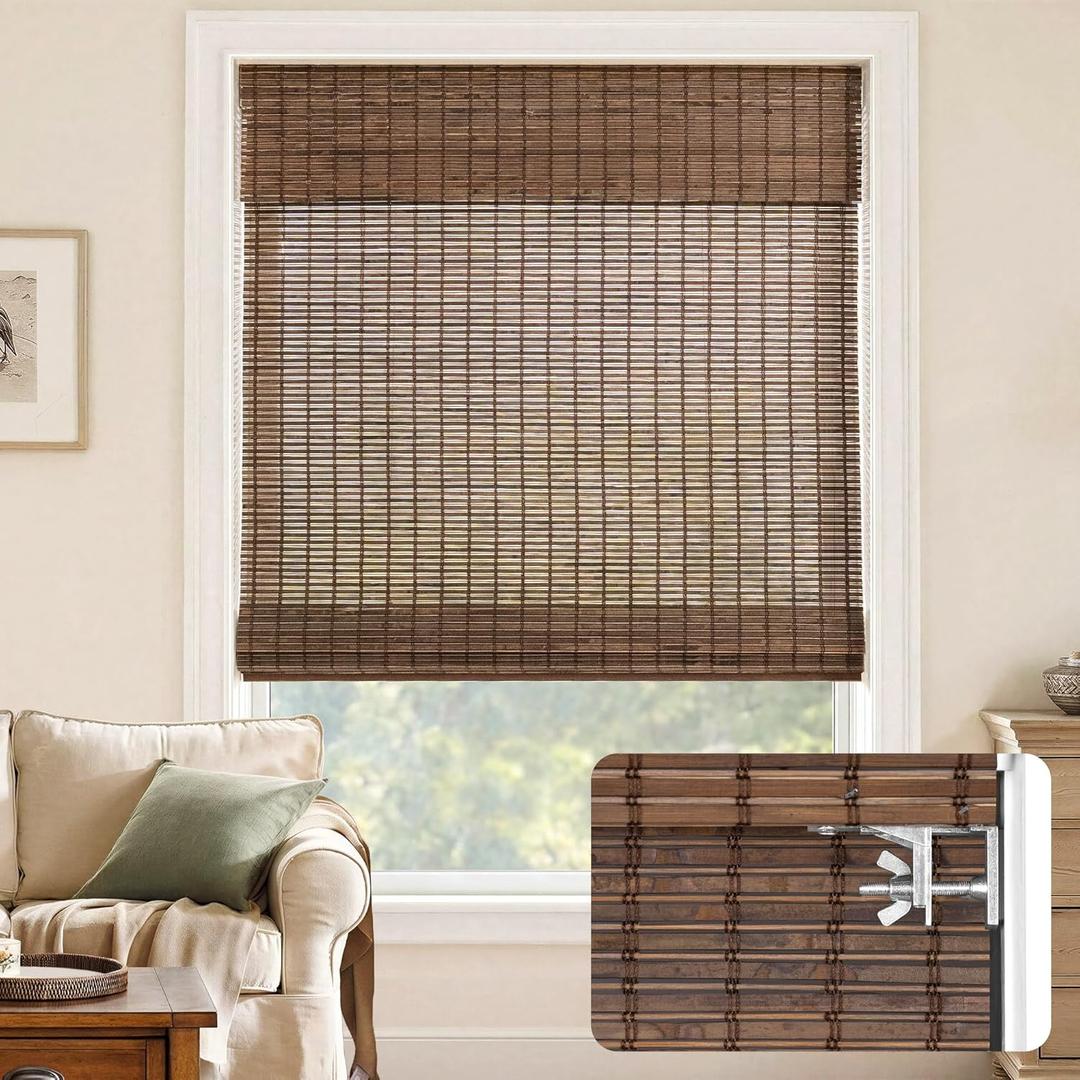 LazBlinds No Drill Bamboo Roman Shades, 34" W x 64" H, Malay Walnut