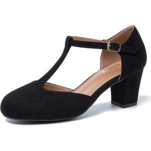 Womens T Strap Mary Jane Shoes Chunky Block Heel Ankle Strap Buckle Dress Pumps (8, Black Suede)