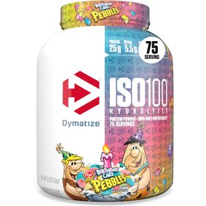 Dymatize ISO100 Whey Protein Powder Isolate, Birthday Cake, 25g of Protein, 5 Pound, 5.5g BCAAs, Less Than 120 Cal., Gluten Free, 1g Fat, 1g Sugar, 2g Carb (75 Servings) (EXP 05/31/26)