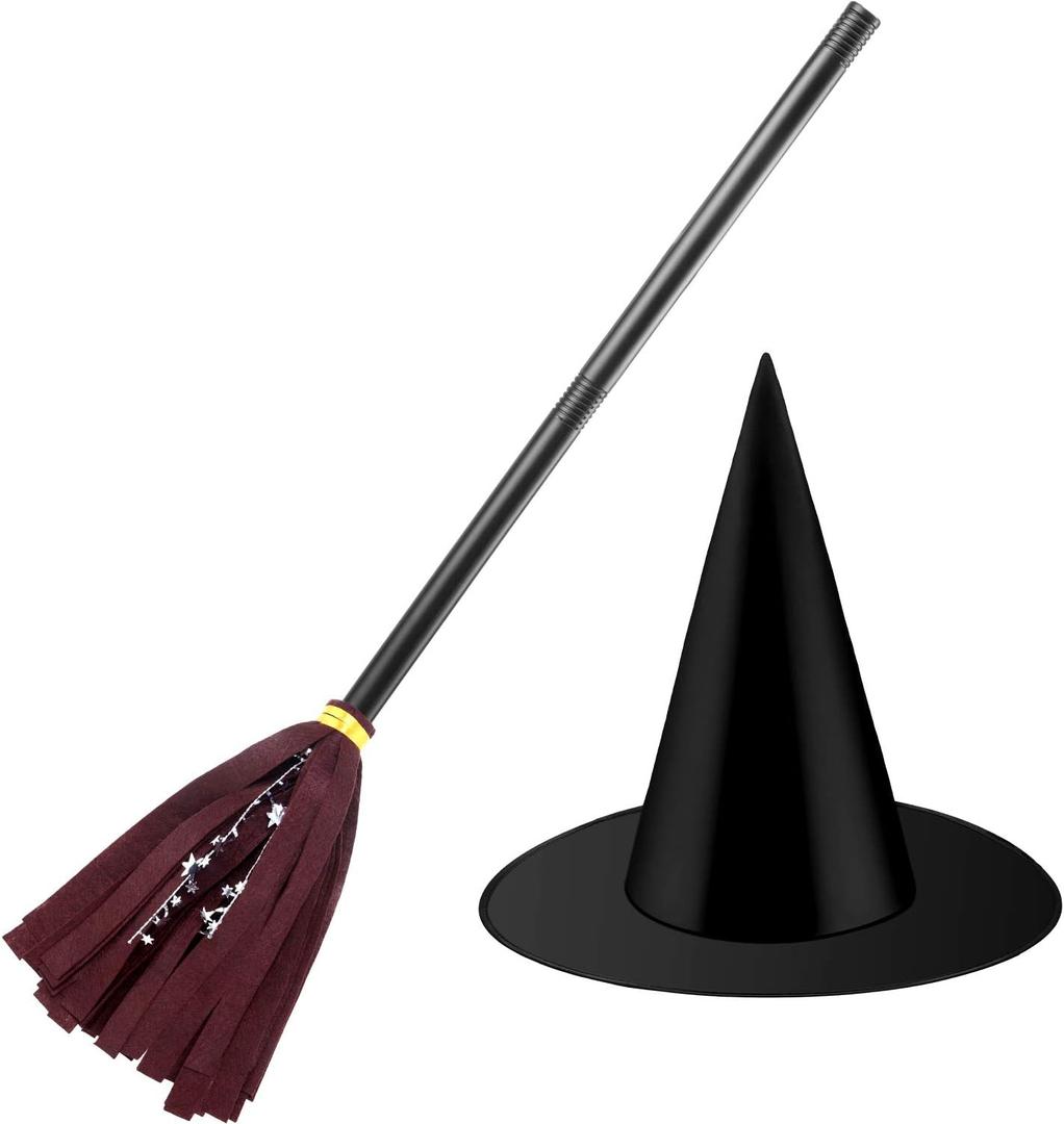 Skylety Witch Broom Hat Halloween Witch Costume for Kids Wizard Broomstick Black Wizard Hat Broom Halloween Party Cosplay (Brown)