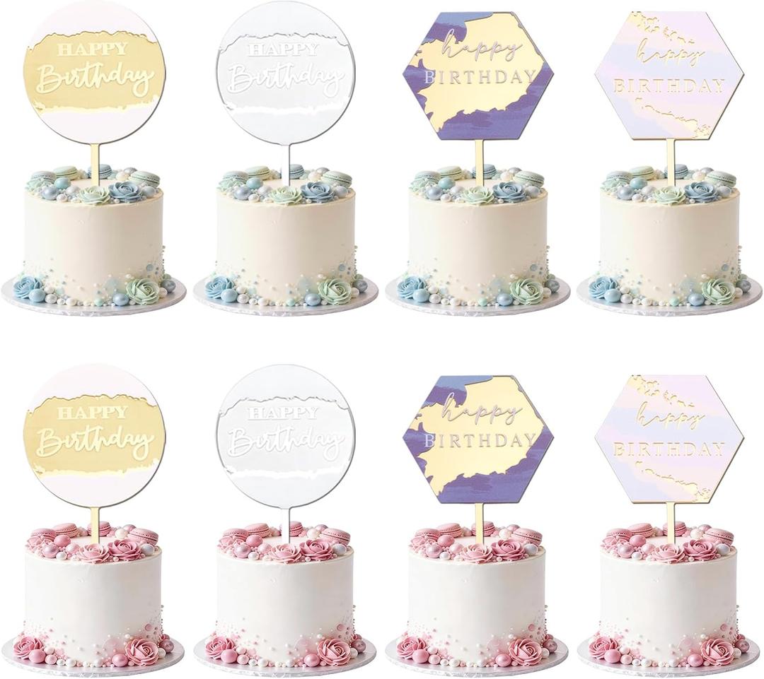 2 x Wootkey 8Pcs Acrylic Happy Birthday Cake Toppers Engraved Happy Birthday Sign for Cake DIY Birthday Gift Flower Bouquet Pastries Desserts Decor
