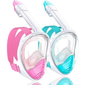 QingSong Full Face Snorkel Mask for Adults, Snorkeling Gear with Camera Mount, 180 Degree Panoramic View Snorkel Set Anti-Fog Anti-Leak (2 Pack - White Blue+White Pink)