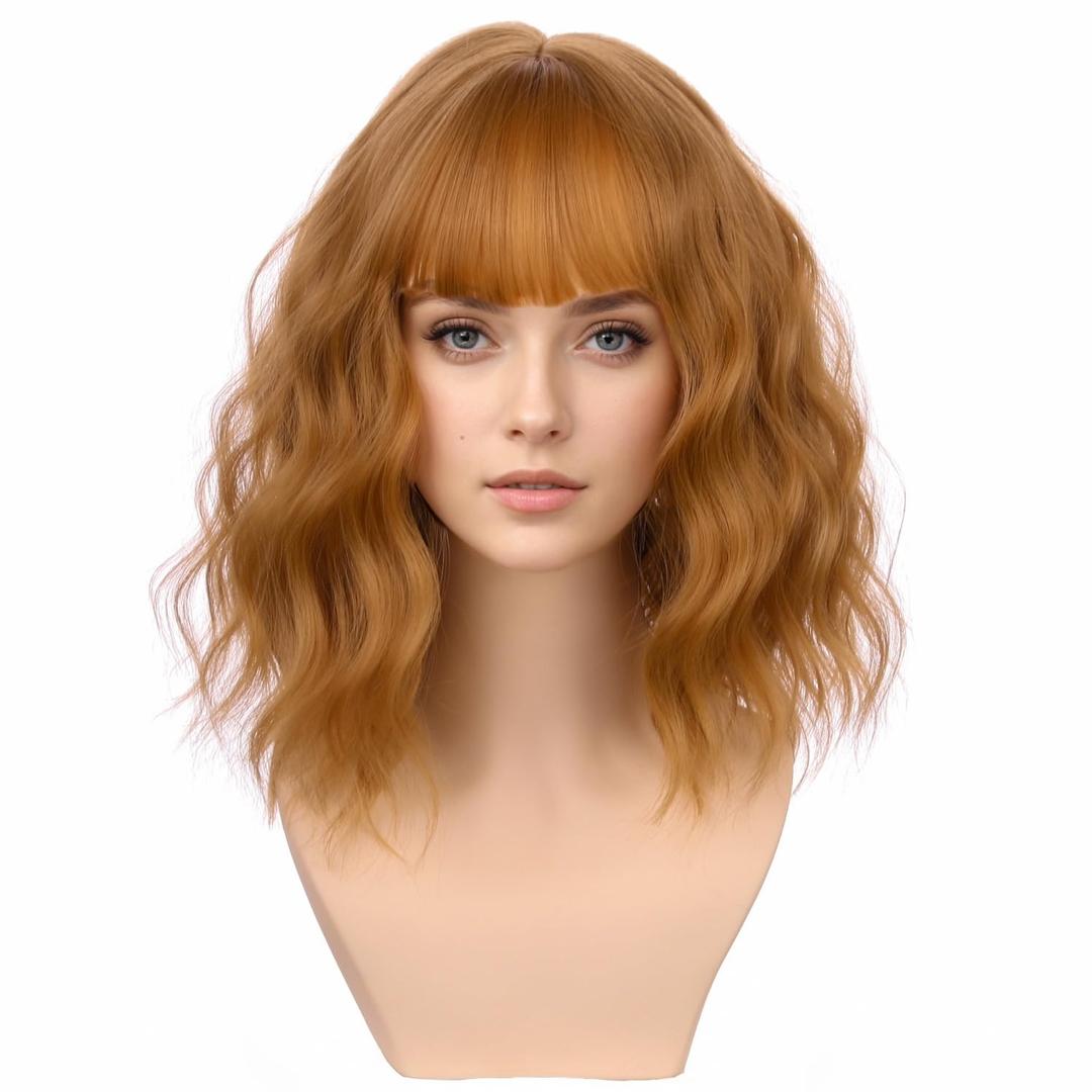Strawberry Blonde Wig with Bangs for Women Short Curly Wavy Blonde Wig Strawberry Blonde Bob Synthetic Wig with Wig Cap