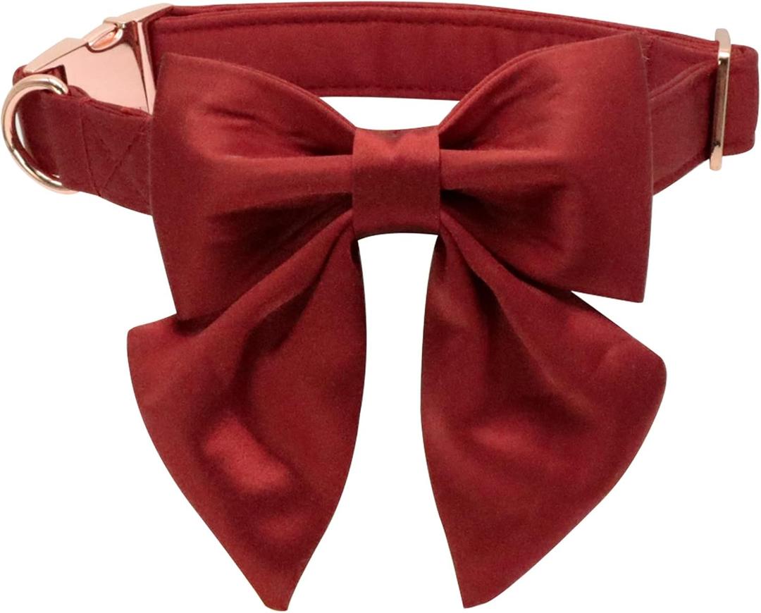 Lionet Paws Bowtie Dog Collar - Comfortable Silk Dog Collar with Detachable Bow Tie for Medium Dogs, Neck 13.5-22 Inches (Red)