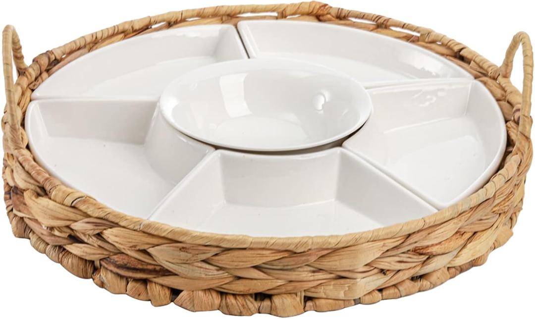 AVLA Ceramic Divided Serving Dishes, Porcelain Relish Tray, Party Appetizer Platter, 6 Removable Snack Bowls with Cattail Basket for Chips and Dips, Candy, Nut, Condiment, Veggie, Portable Handle