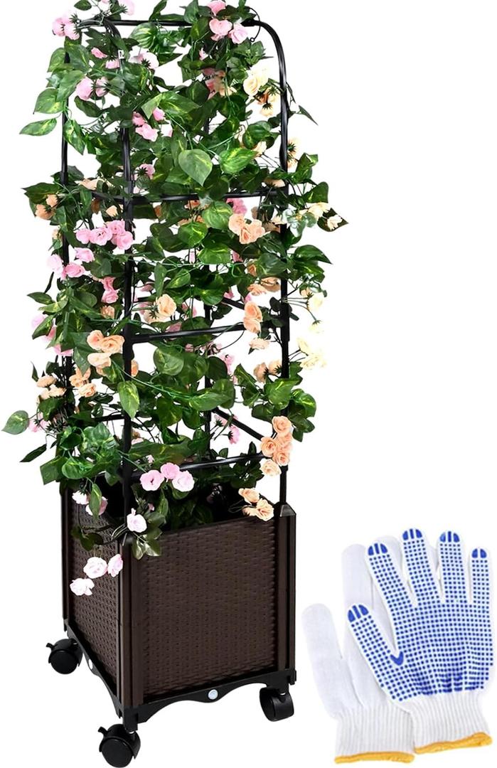 MQUPIN Tomato Planter Boxes,Raised Garden Bed Planter Box with Trellis, 52''Self Watering Tomato Cage, with Wheels for Climbing Vegetables Plants, Tomato Cage