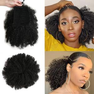 Afro Puff Drawstring Ponytail Extension for Women - Kinky Curly Synthetic Ponytail Hairpieces Updo Hair Extensions with Two Clips (16 Inch, 1B)