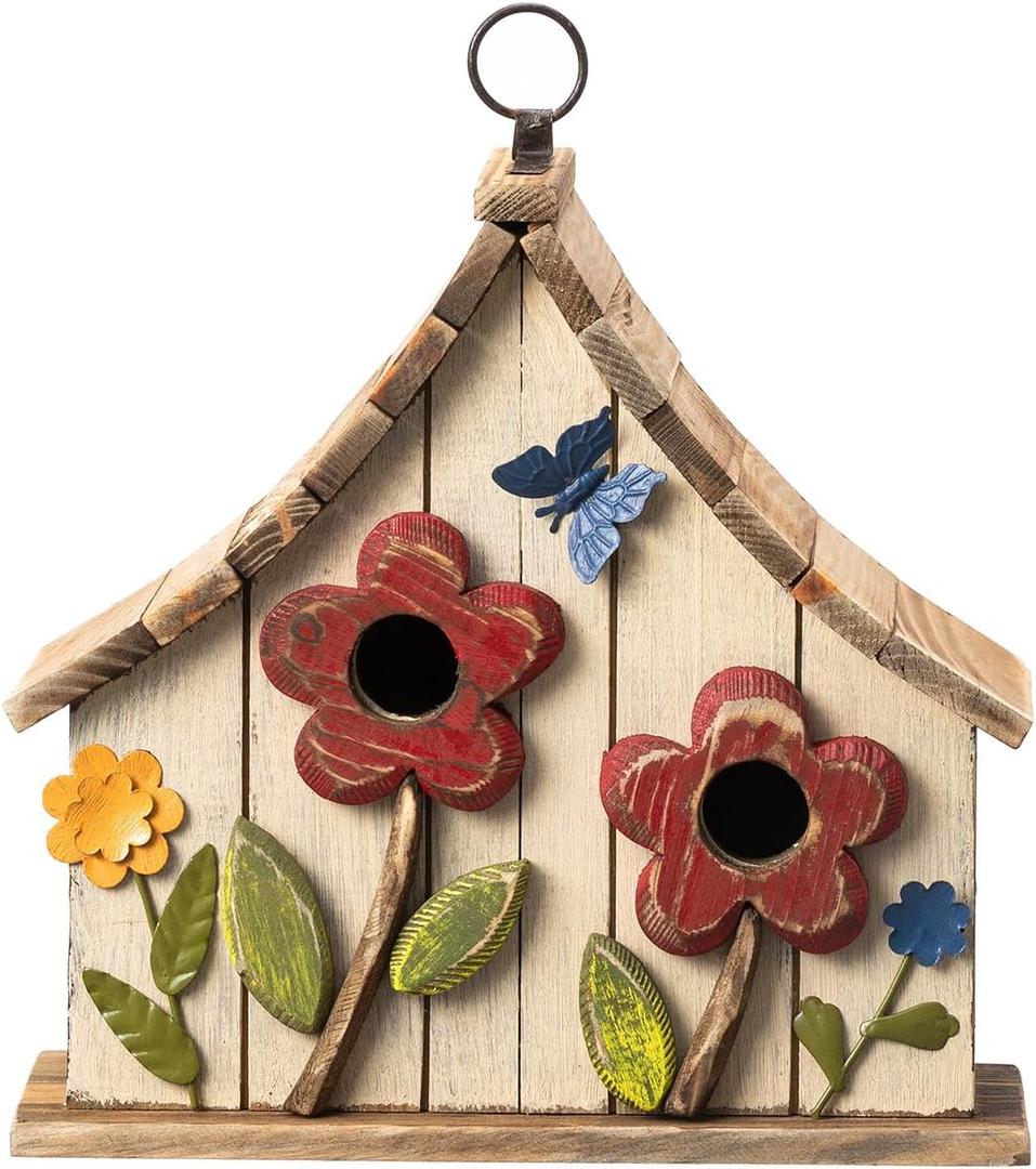 Glitzhome Bird Houses for Outside, 10.75" L Distressed Solid Wood Hanging Birdhouse with 3D Flowers Rustic Two-Story Townhouse Hand-Painted Garden Bird Houses for Outdoors,Washed White