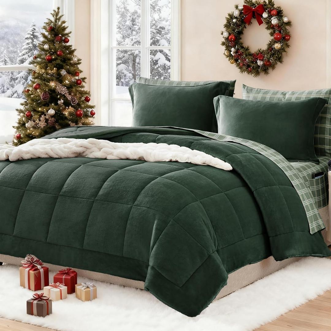 AMBERSPACE Plush Comforter Set Full Size Dark Green, Flannel Velvet Comforter Sets 7 Pieces Bed in a Bag, Soft Warm Winter Bedding Set with Sheets, Pillowcases & Shams