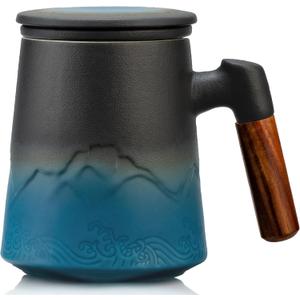 suyika Tea Cup with Infuser and Lid, 15.2 Ounce Wood Handle Ceramic Loose Leaf Mug Gradient Black&Blue 450ml