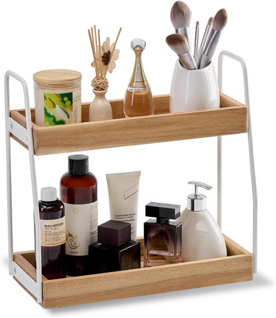 THYOI Acacia Wood 2-Tier Wooden Organizer Countertop, 15.4x6.7x14.6, Natural White with White Steel, Two-Tier Bathroom Organizer, Storage Organizer, Wooden Organizer, Countertop Storage Shelf