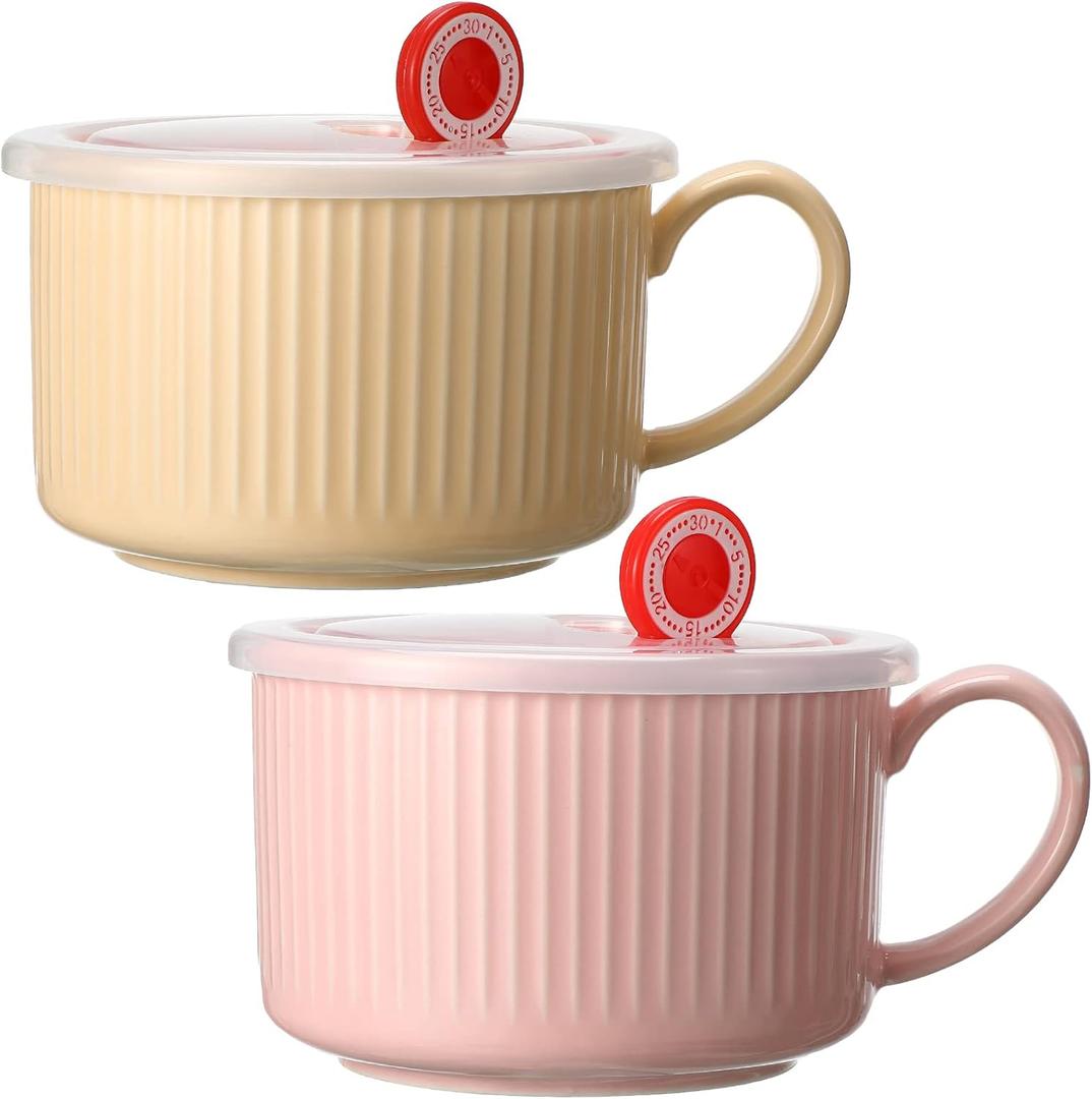 Nuenen 2 Pcs Soup Bowls with Lids and Handles 30 oz Microwave Safe Ceramic Soup Mug Microwavable Ramen Containers with Lids Large Colorful Cups for Noodle Cereal kitchen(Pink, Yellow)
