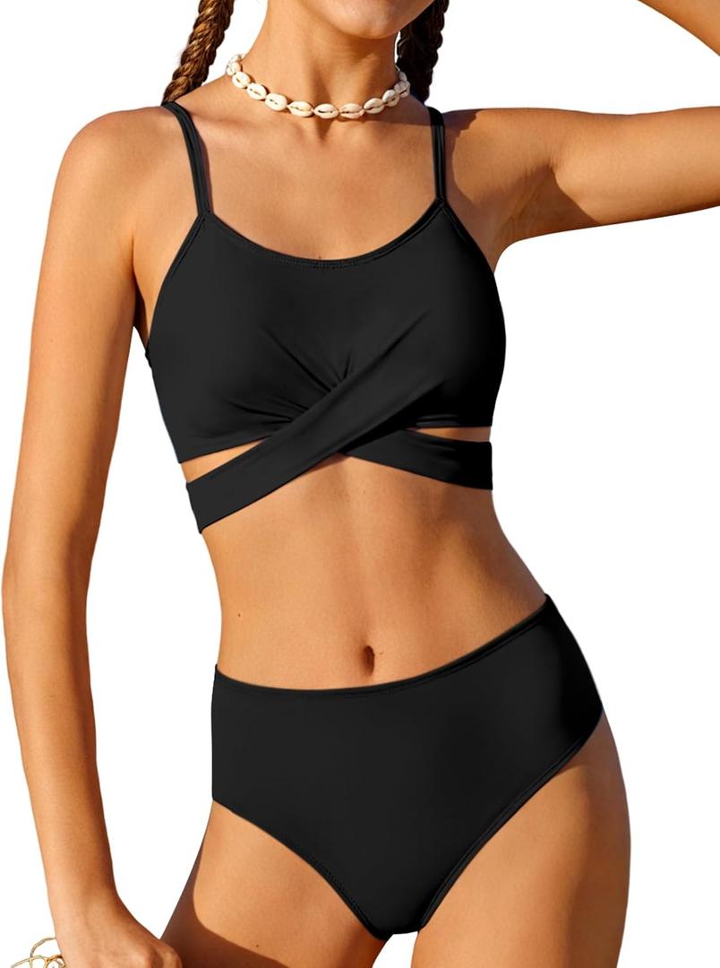 Girls Swimsuit Bathing Suits Criss Cross Bikini Set Two Piece Girls' Swimwear Solid Color Bathing Suit (15-16 Years, Black)
