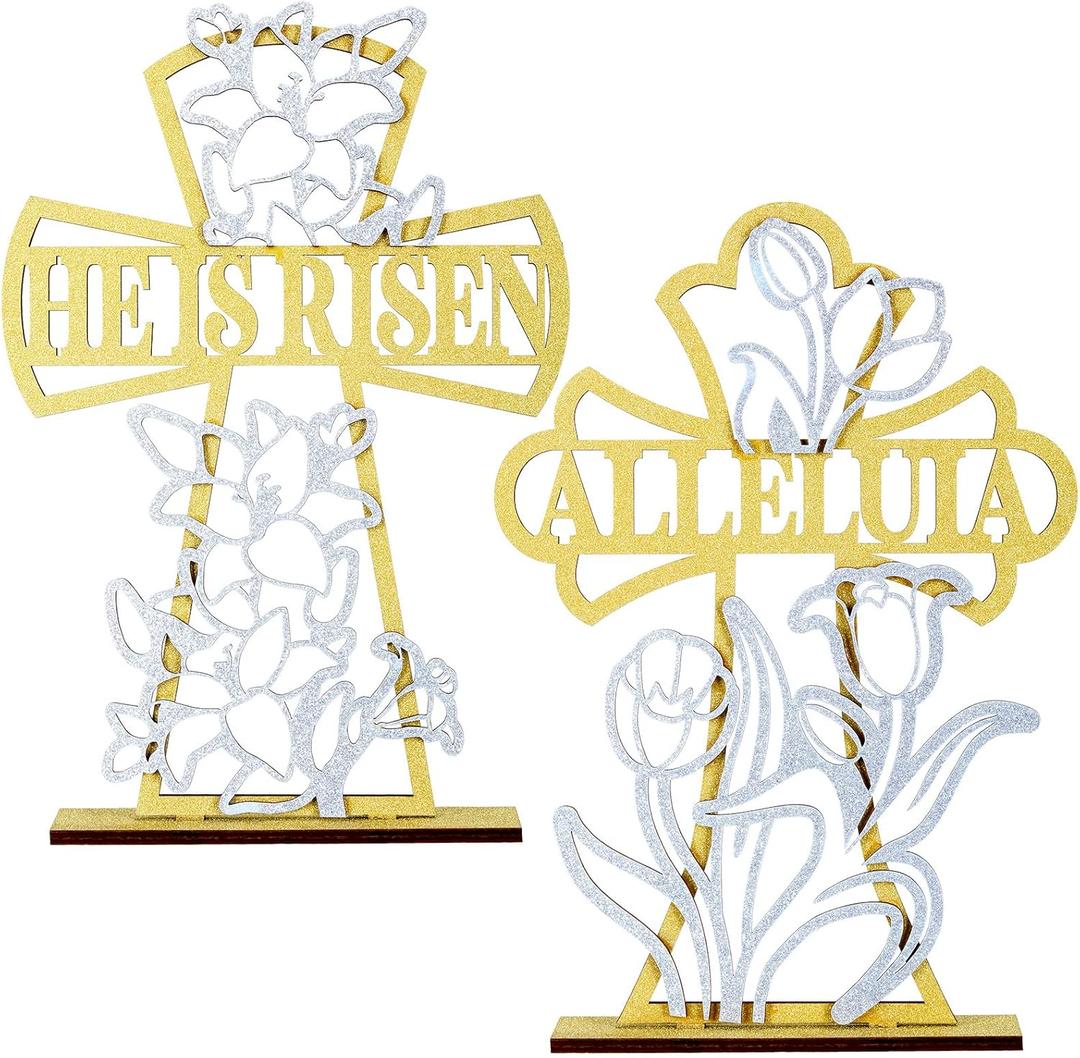 Blulu 2 Pcs Easter Decorations He Is Risen Jesus Cross Sign Gold Centerpieces Wood Tabletop Alleluia Flower Christians Set Table Decor for Indoor Outdoor 11''