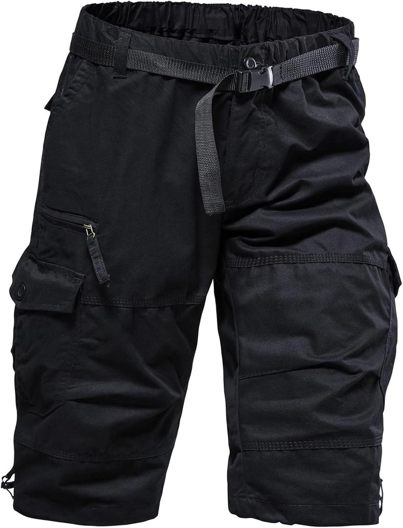 Mylldey Men's Cargo Shorts 3/4 Relaxed Fit Mens Running Shorts 7 Pockets Elastic Waist Cotton Hiking Shorts (Large, Black)
