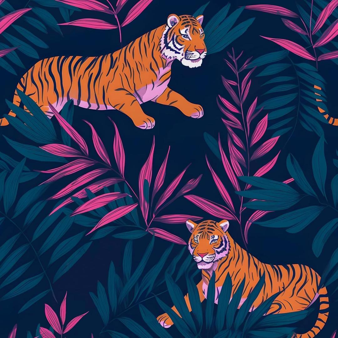 Tiger Peel and Stick Jungle Animal Wallpaper, Blue, 17.5" x 393" Vinyl Wallpaper, Waterproof, Self-Adhesive
