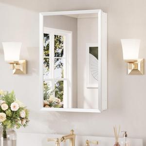Keonjinn Medicine Cabinet Mirror 16" x 24", Assembly Required, White Medicine Cabinet with Mirror for Bathroom, Beveled Framed, Wall-Mounted or Recessed, Stepless Adjustable Shelves