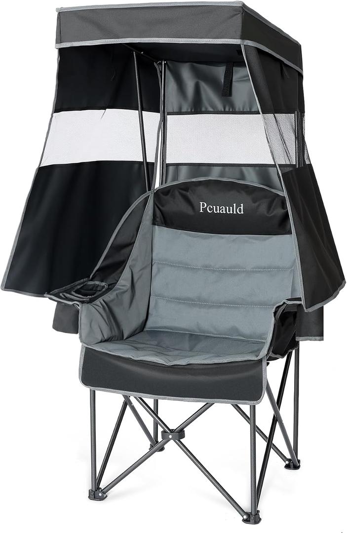 Camping Chair with Canopy Shade Heavy Duty Folding Chair with Umbrella Cup Holder Oversized Beach Chairs with Canopy for Adults Portable Padded Outdoor Lawn Chair for Sports Events Fishing, 500LBS