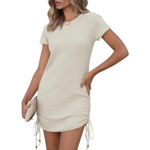 ANRABESS Women Swimwear Cover Up Short Sleeve Knit T Shirt Dress 2025 Summer Beach Drawstring Swim Suit Crochet Mini Dresses Large Beige