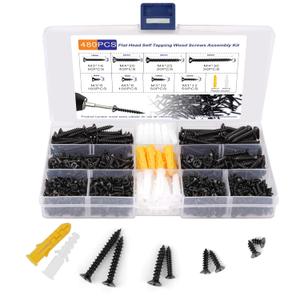 480pcs Wood Screws Assortment Kit, M3 M4 Small Screws Set, Phillips Drive Flat Head Self Tapping Screw, CabinetScrew, Black Wood Screws, 8 Sizes Short Screws Fasteners with 30pcs screwAnchorss