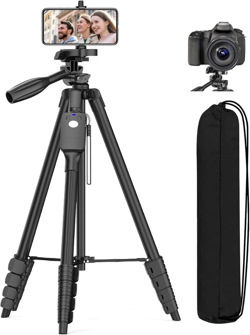 XXZU Tripod, 67" Camera Tripod with Travel Bag, Cell Phone Tripod with Remote, Aluminum Portable Tripod Stand with Phone Tripod Mount & 1/4Screw, for Phone/Camera/Projector/DSLR/SLR (67in)