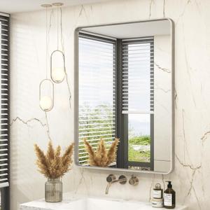 28x36 Inch Brushed Nickel Bathroom Mirror, Brushed Silver Metal Framed Wall Mirror, Rounded Rectangle Bathroom Vanity Mirror, Anti-Rust, Shatterproof (Horizontal/Vertical)
