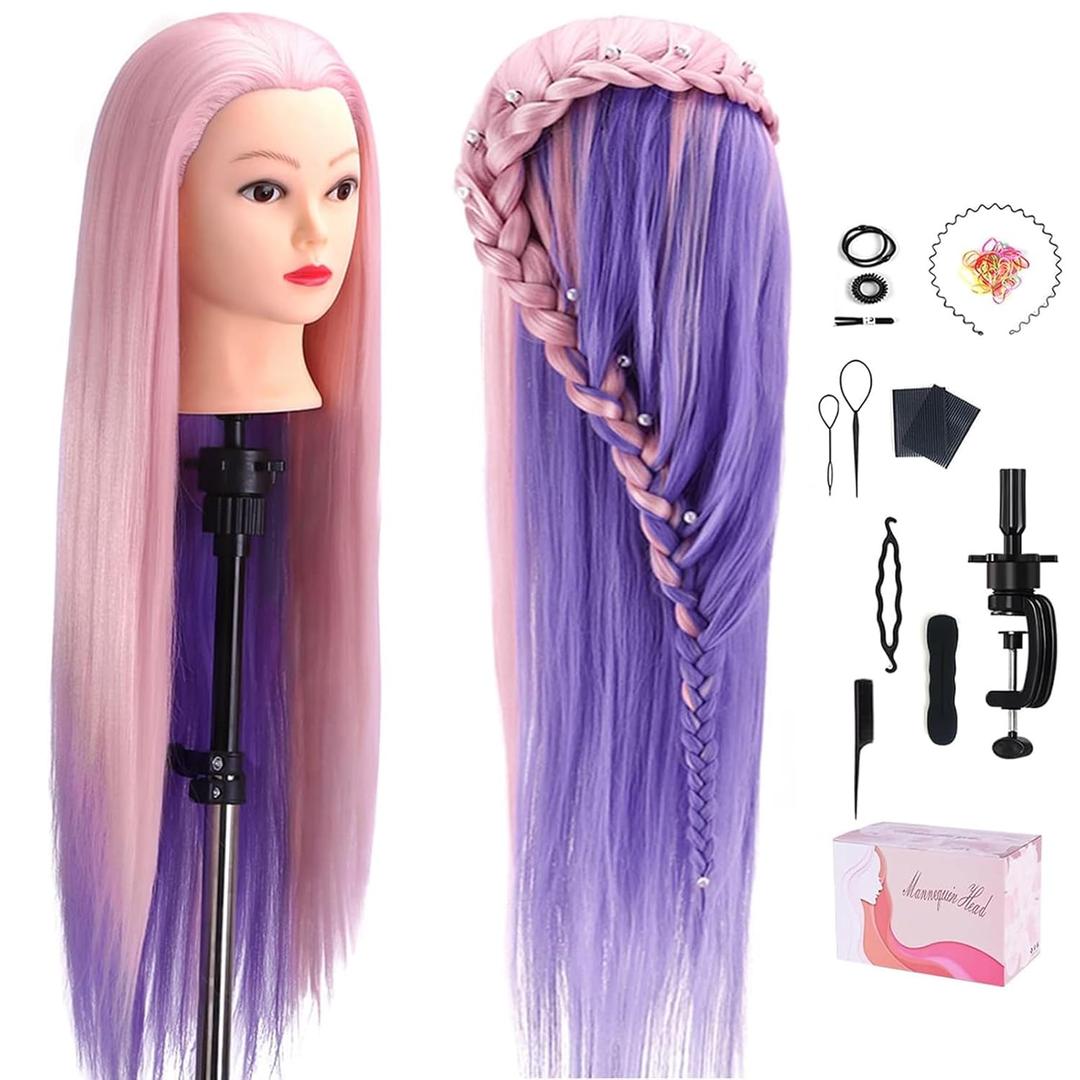 TopDirect 29" Mannequin Head with Hair,Doll Head for Cosmetology Hair Styling Training Head,Manikin Braiding Head With Clamp Holder and Styling Tools (Pink Purple)