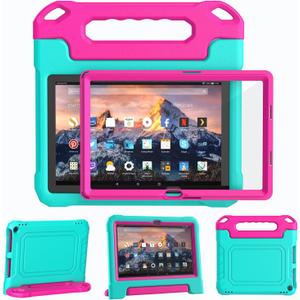 Kids Case for Amazon Fire 10 Pro/10 Plus/HD 10 Tablet(13th/11th Generation, 2023/2021 Release), Durable Shockproof Protective Cover with Screen Protector for Kindle Fire HD 10 Tablet, CyanPink