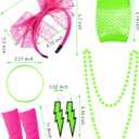 Blulu 80s Costume Accessories Outfit Set for Women T-shirt Tutu Skirt Leg Warmers Headband Earring Necklace Fishnet Gloves (Small, Black With Rainbow)