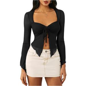 WDIRARA Women's Long Sleeve Front Tie Top Sexy Mesh Bell Sleeve Shirt (Large, Black)