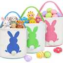 3 PCS Easter Eggs Hunt Basket for Kids Canvas Bunny Basket Egg Bags Rabbit Fluffy Tails Party Celebrate Decoration Gift Toys Carry Bucket Tote