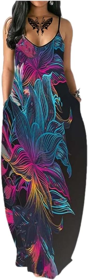 Women's Summer Maxi Dress Long Dress Casual Boho Sleeveless Strap Smocked Tiered Long Beach Sun Dresses (Large)