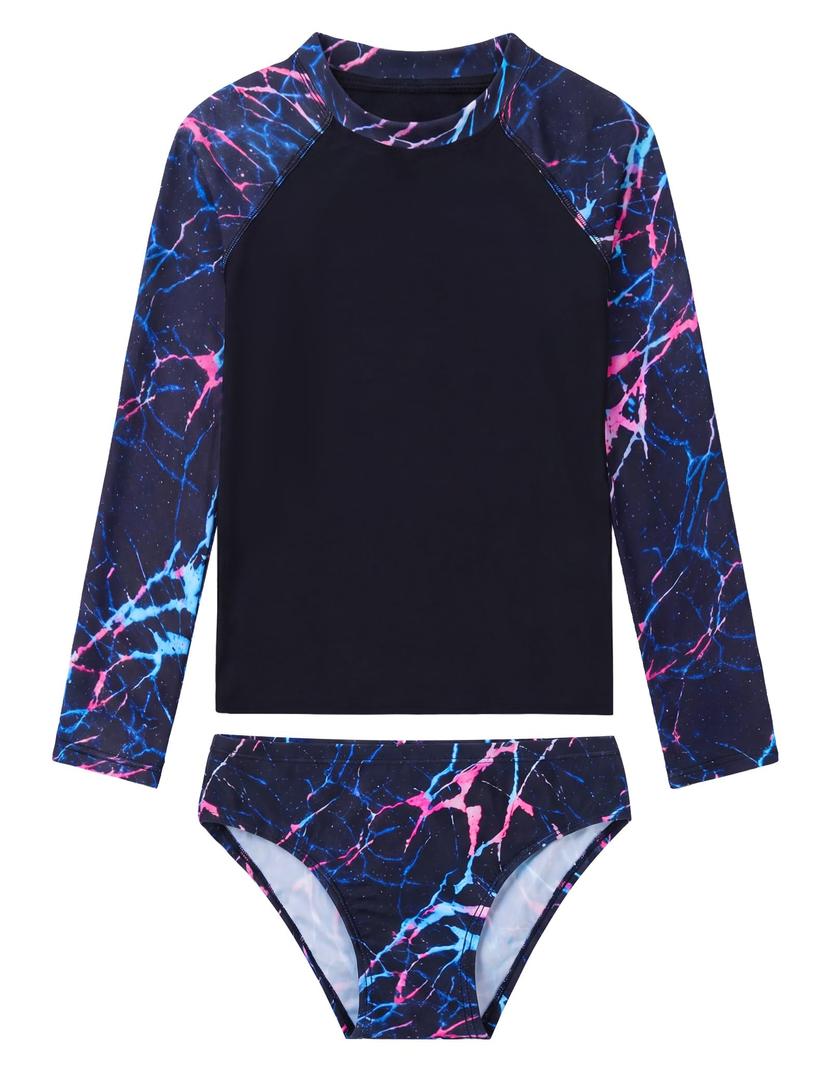 Tziharora Girls Swimsuit Size 6-7 Years Old Black Lightning Print Two Piece Long Sleeve Rash Guard Bathing Suits (Black, S)