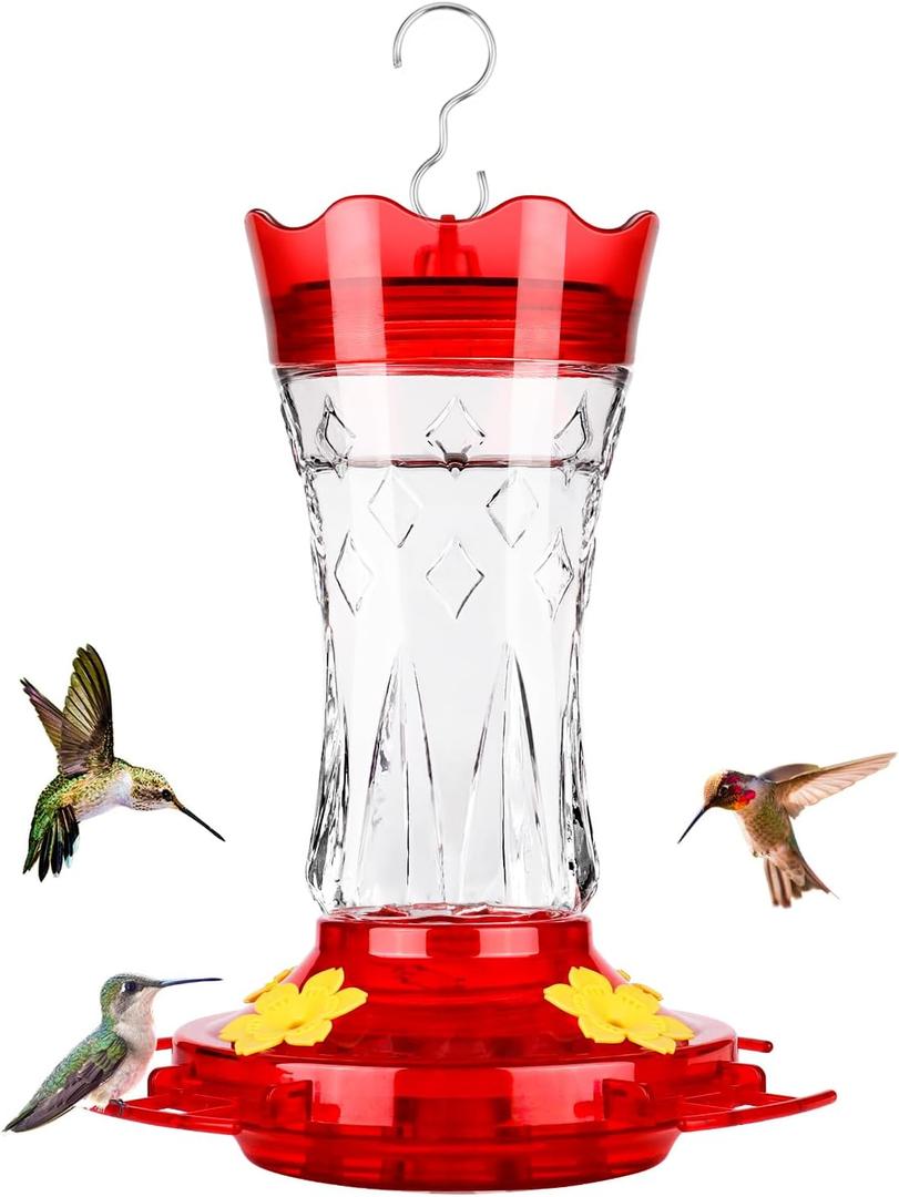 BOLITE Glass Hummingbird Feeders for Outdoors Hanging, Built-in Ant Moat, 4 Bee Guard Feeding Ports with Perches, Leak Proof, 15 Ounces, Stars Decor, Red, Gifts for Women Men, Gifts for Mom Dad