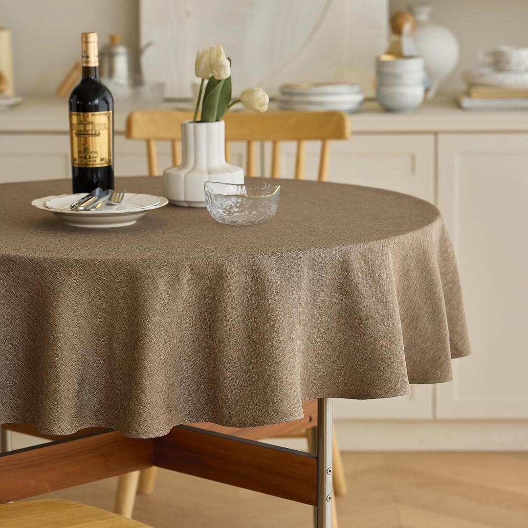 Decorelia Waterproof Kitchen Faux Linen Round Tablecloth, Decorative Fabric Burlap Texture Farmhouse Soft Table Cloth Cover for Dining Party Indoor Outdoor Use (60 Inch, Round (2-4 Seats), Coffee)