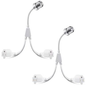 Pack of 2, 2 in 1 Light Socket to Plug Adapter, Convert E26/E27 Bulb Socket to 2 Pieces 3 Prong Outlet with Extension Cord, Flexible Light Bulb Socket Converter Suitable for Porch Patio Garage Use (White)