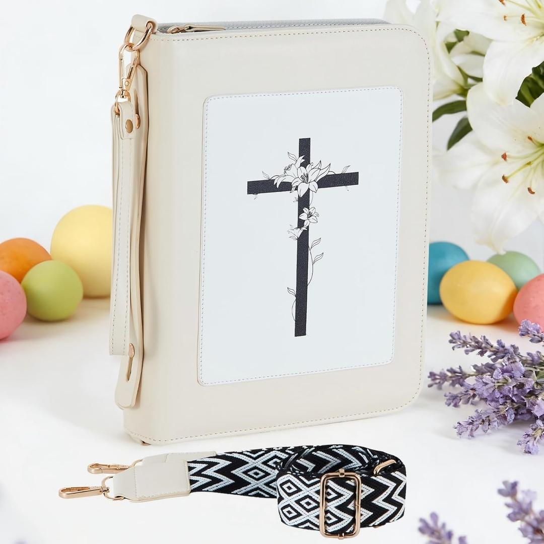 Bible Cover Case for Women, Large Leather Bible Carrying Book Cases with Shoulder-Strap and Handle, Christian Easter Birthday Gifts Bible Book Bag Covers for Women