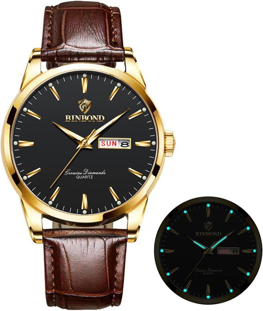 Brown Leather Watches for Men Luxury Dress Business with Date Classic Casual Men's Wrist Watches Waterproof Luminous Gift for Men Black