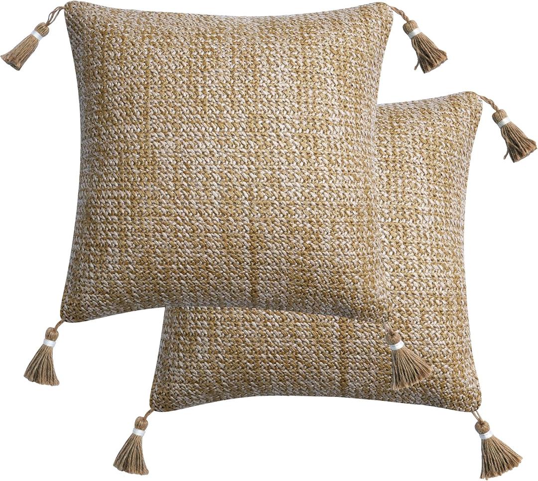 Honeycomb Outdoor Lumbar Toss Pillow Set, 17" H x 17" L, Raffia Sail Away Tan with Tassels Outdoor Pillows