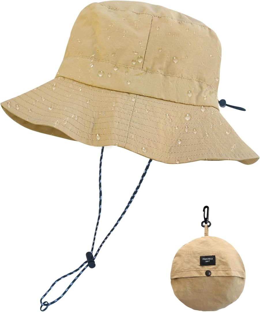 PFFY Quick Dry Waterproof Packable Bucket Hat for Women Men Outdoor Sun Hats with Detachable Chin Strap (Khaki)