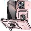 SunStory Phone Case for iPhone 16 Pro Case with HD Screen Protector & Slide Camera Cover & Rotated Ring Kickstand, [Military-Grade] Phone Case for iPhone 16 Pro 6.3" (Rosegold)