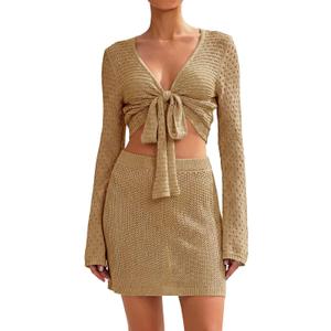 Saodimallsu Womens Crochet Swimsuit Coverup Beach 2 Piece Cover Up Set Crop Long Sleeve Tie Front Tops Mini Skirt Sets (Brown)