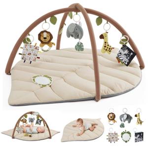 Blissful Diary Baby Play Gym & Activity Mat, Leaf Shaped Baby Tummy Time Play Mat with 6 Detachable Toys, Promotes Motor Skills & Sensory Development, Newborn Baby Essentials Gift, Oatmeal Beige