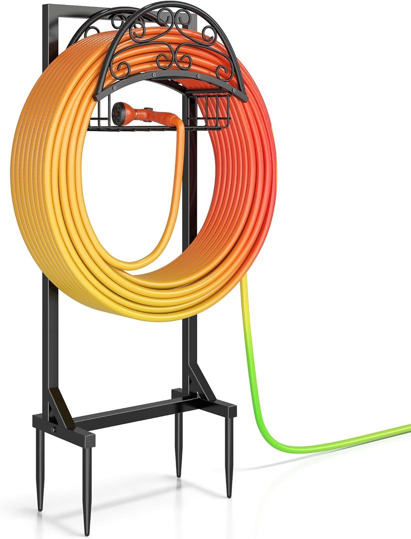 Garden Hose Holder Freestanding Water Hose Stand with Storage Basket, Sturdy Metal Hanger Heavy-Duty Garden Storage Rack for Outside, Supports 151FT