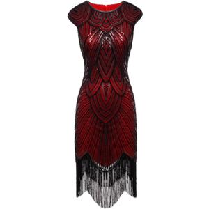 FAIRY COUPLE 1920s Sequined Embellished Tassels Hem Flapper Dress D20S002 (Small, Dark Red)