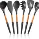 Silicone Cooking Utensils Set 6 Piece Heat Resistant up to 480F, BPA Free & Non-Scratch Kitchen Tools with Natural Wood Handles, Dark Gray